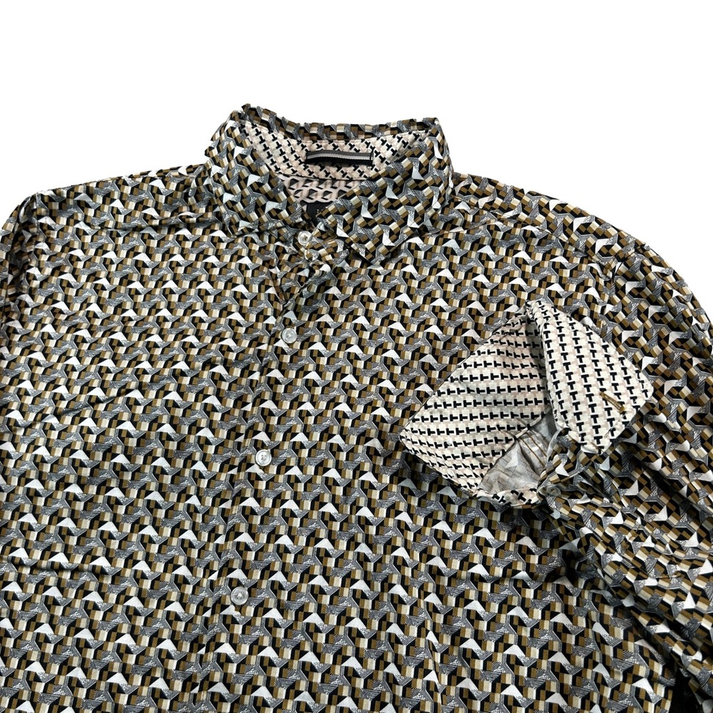 Ted Baker Button Down Shirt Men Large Brown Geometric Stretch Cotton Flip Cuff